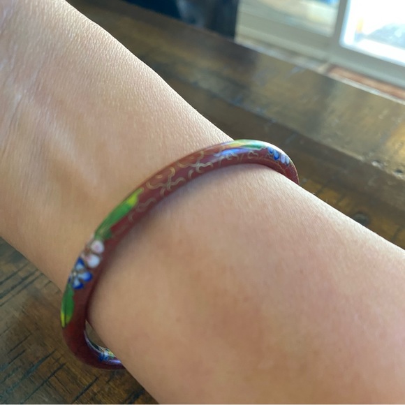 Vintage Cloisonné Enamel Hand Painted Small Bangle Bracelet Red/Flowers - Picture 4 of 6